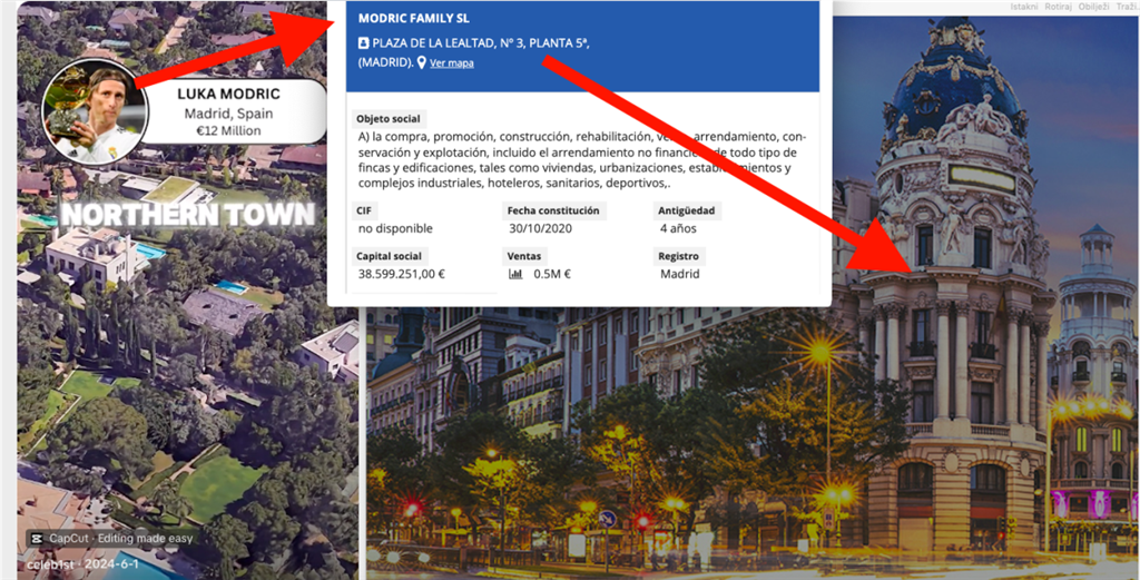 Madridska tvrtka kapetana Vatrenih s kapitalom većim od 38,5 milijuna eura posluje na adresi Plaza Lealtad 3, na 5. katu u Madridu, odnosno sjedištu ureda Senn Ferrero Asociados S.L., koji je postao poznat u aferi Footbal Leaks