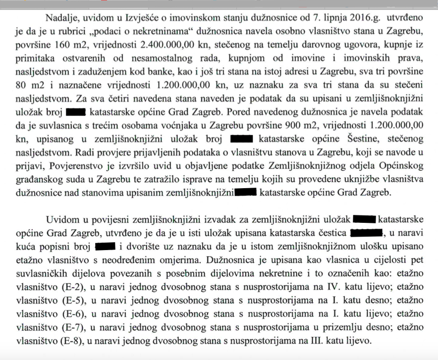 Milanovićeva kandidatkinje za šeficu Vrhovnog suda 2017. je imala stanove vriijedne od 1,2 milijuna kn pa 2,4 milijuna kn, na nekim lokacijama u srcu metropole posjeduje većinu stanova