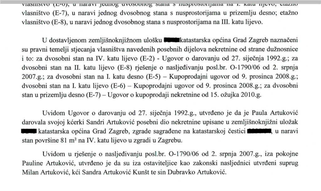 Iz dokumenta je vidljivo kako je neke vrijedne nekretnine sutkinja Županijskog suda u Zagrebu naslijedila iza smrti mame Pauline Artuković koja je bila u braku s vlasnikom Francka Milanom Artukovićem