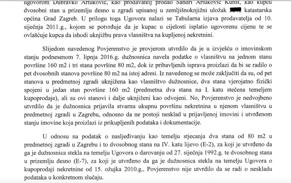 Povjerenstvo je utvrdilo kako samo u jednoj ZG zgradi sutkinja Artuković Kunšt posjeduje jedan stan od 180 m2 te tri od 80 m2 iako je ona navela kako posjeduje u toj zgradi pet stanova po 80 m2