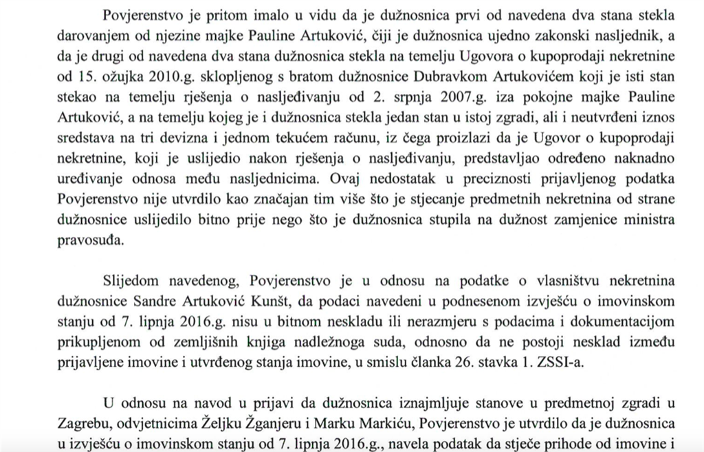 Povjerenstvo kojem je tada šefovala Dalija Orešković bavilo se i stanovima koje je Artuković Kunšt iznajmljivala bivšem šefu USKOK-a Željku Žganjeru, sada odvjetniku kao i odvjetniku Marku Markiću