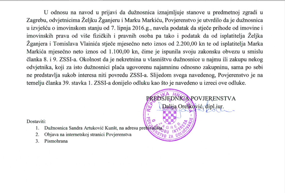 Na kraju dokumenta koji je potpisala Dalija Orešković vidi se koliko je tisuća kuna mjesečno Dubravka Artuković Kunšt uprihodila samo od najma tri stana i to Žganjeru, Markiću i Vlainiću