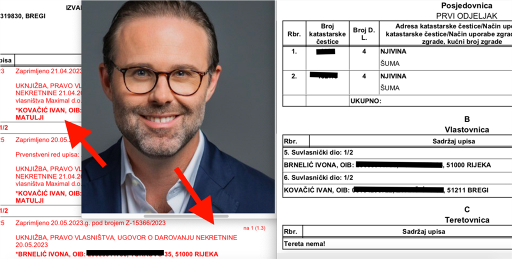 Ivoni Brnelić polovicu parcele darovao je njen partner Ivan Kovačić, na drugu, veću, parcelu uknjižili su se po pola, netom su dobili i građevinsku dozvolu za vilu s bazenom