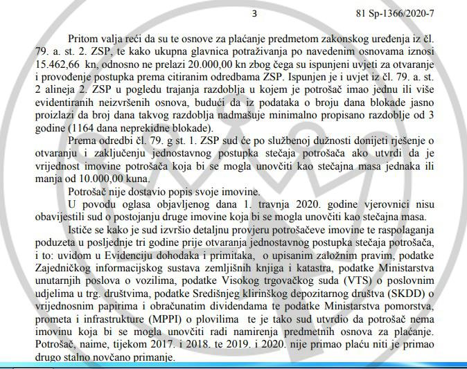 Sud je utrdio da dužnica nema imovinu koja se može unovčiti za osobni stečaj