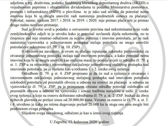 Sud je utvrdio da Pišekica od 2017. nema plaću niti redovita primanja
