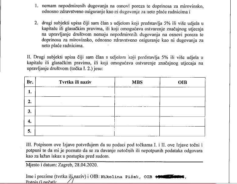 Pišek je potpisala izjavu i ovjerila kod javne bilježnice o nepostojanju dugovanja u travnju ove godine iako je iz sudskog stečajnog dokumenta jasno kako je dugovala Minsitarstvu financija i HZZO-u