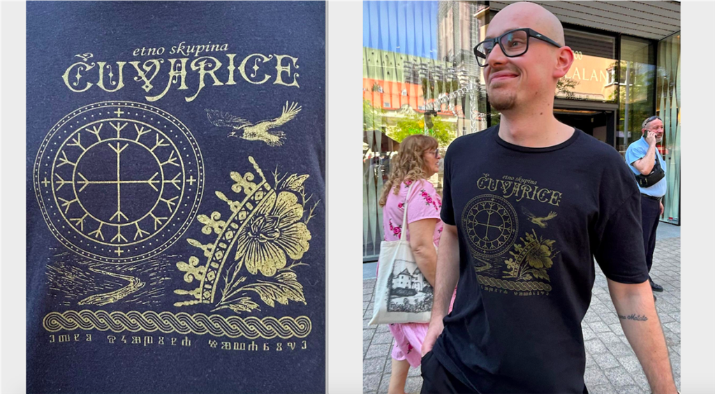 Snimili smo mladića koji je s ponosom nosio crnu majicu s logom etno skupine Čuvarice i tradicionalnim tetovažama i natpisom na glagoljici