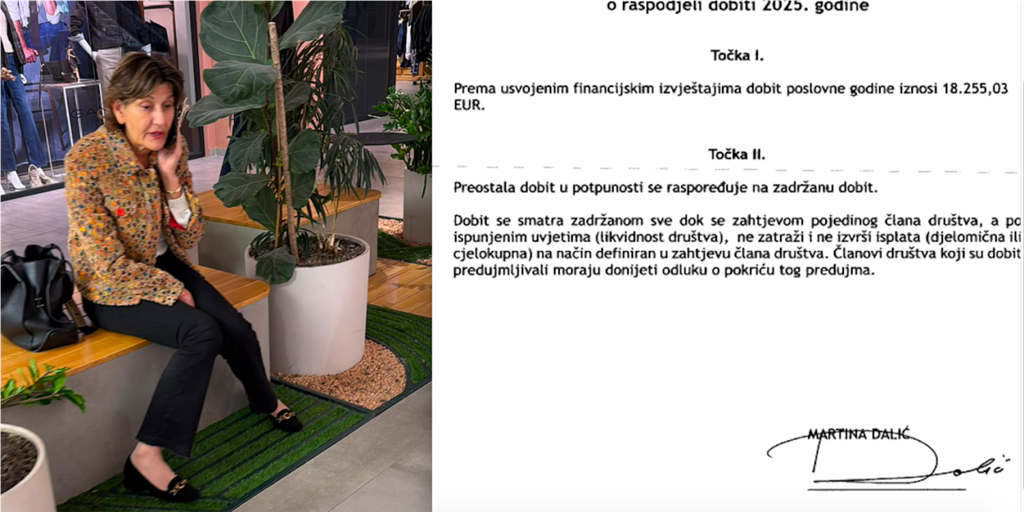 Snimili smo Martinu Dalić u Kaptol centru dok je vodil poslovni razgovor na mobitel, osim što šefuje Podravkom vlasnica je i privatne tvrtke, dobit iste nije baš velika kako se vidi iz dokumenta koji je potpisala