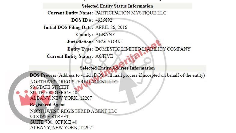 Petrinu tvrtku Participation Mystique registrirao je profesionalni ured za kompanije u Albanyju u New Yorku