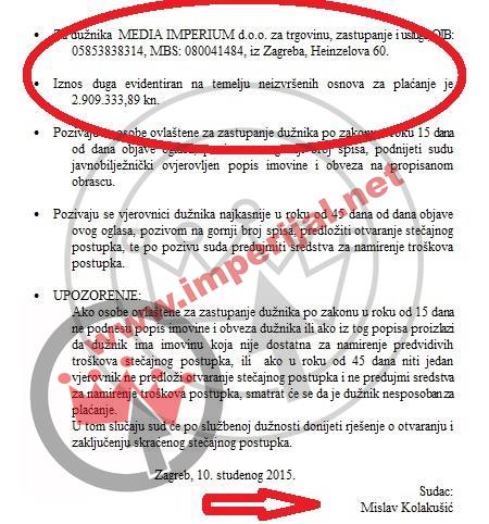 Dokument dokazuje da je tvrtku Irinine mame zaduženu za skoro 3 milijuna kuna kao vrući krumpir dobio sudac Mislav Kolakušić