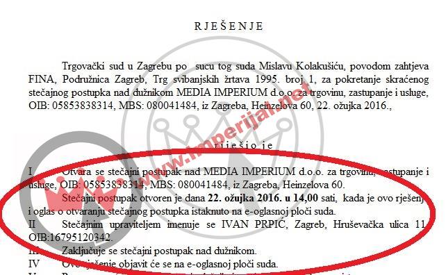 Dokument dokazuje da je Mislav kilakušić u istom danu otvorio i zatvorio stečaj nad tvrtkom voditeljičine mame