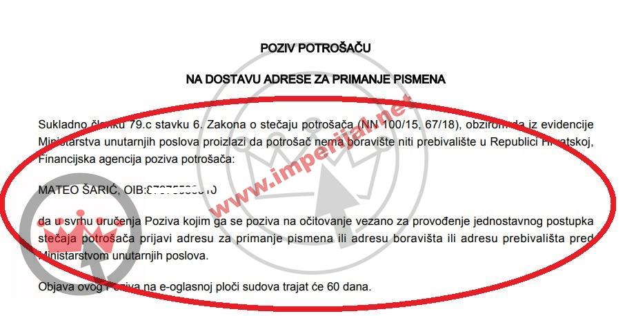 FINA je preko sudske oglasne ploče pozvala sina Marijana Šarića da dostavi adresu kako bi nad njim započeo stečaj