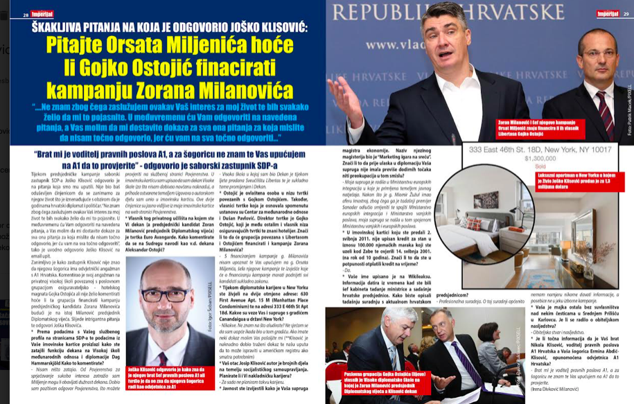 Klisović je na pitanja tabloida Imperijal odgovarao tijekom predizborne predsjedničke kampanje