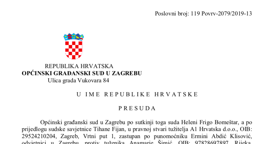 Samo jedna od brojnih ovršnih presuda u kojima je A1 Hrvatska zastupala dvjetnica Ermina Abdić Klisović
