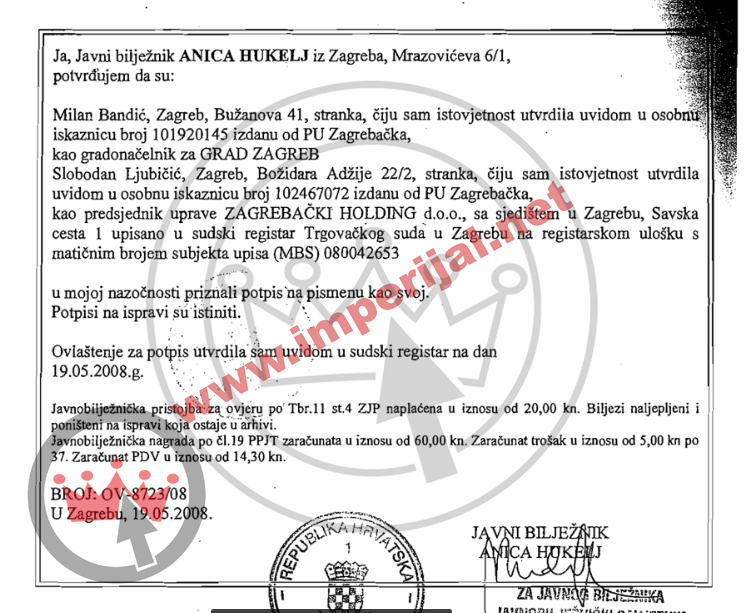 Dokaz da je javna bilježnica Anica Hukelj ovjerila ugovor s poništenom osobnom iskaznicom Milana Bandića