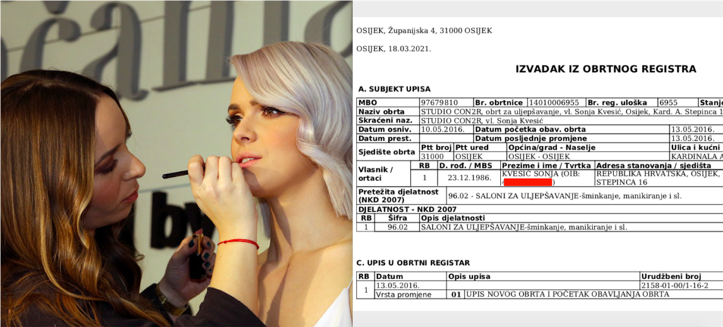 Sonja Kvesić radi kao vizašistica a na osječkoj adresi gdje sudac Kvesić i njegove supruga Zdenka, njezini roditelji, posjeduju više stanova registritrala je 2016. obrt za šminkanje i manikiranje