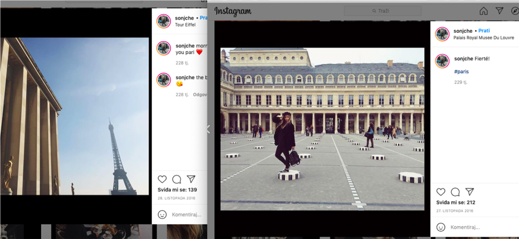 U listopadu 2016. Sonja Kvesić pozirala je ispred Louvrea i drugih pariških znamenitosti te sve plasirala na Instagram