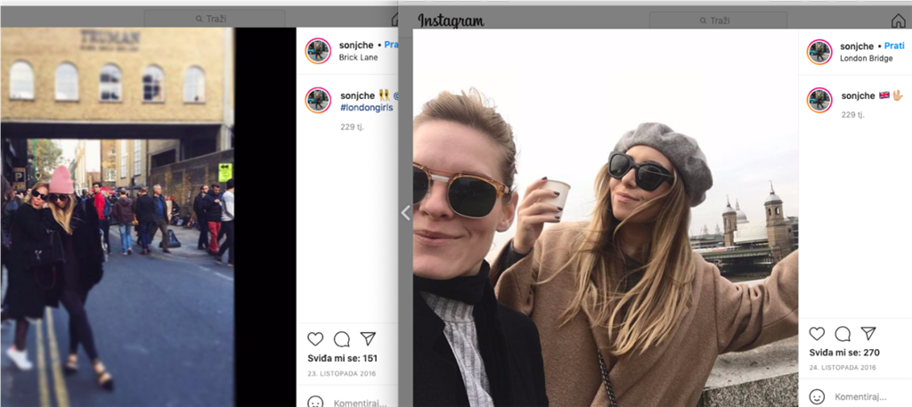 Dokazi obilaska Londona  listopadu 2016. vidljivi su na Instagram profilu Sonje Kvesić