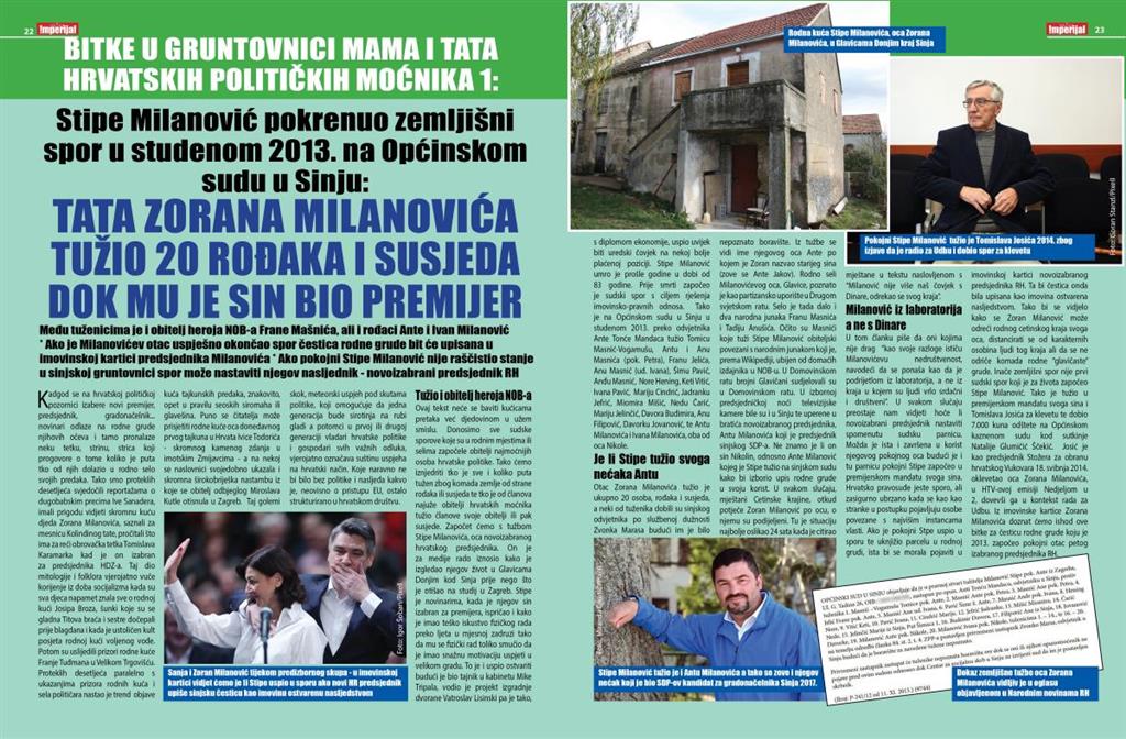 Članank iz tikanog izdanja tabloida Imperijal koji dokumentira sve sporove i sudsku tužbu Stipe Milanovića, oca hrvatskog predsjednika