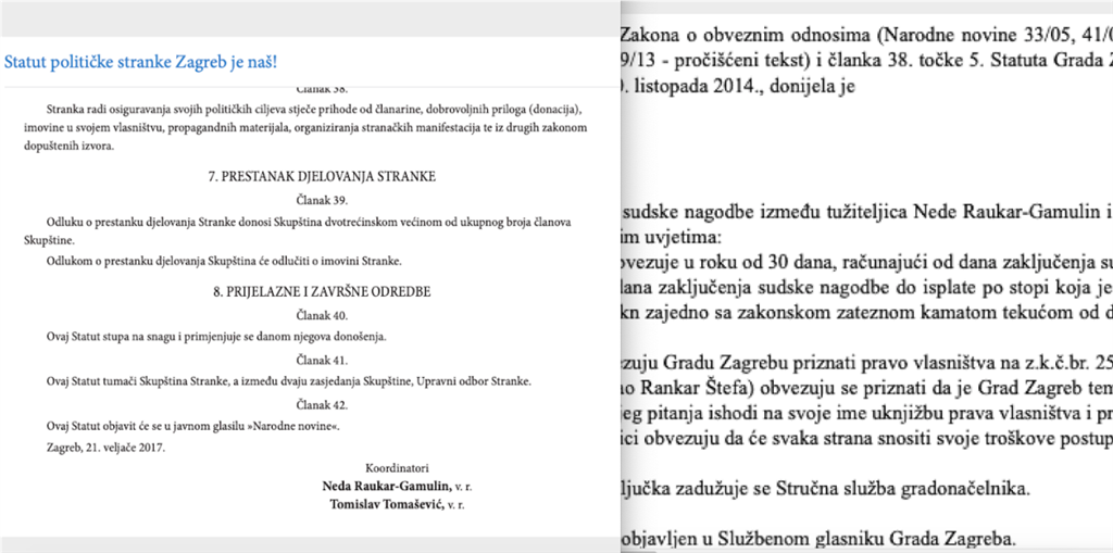 Urša Raukar kao Neda Raukar Gamulin potpisala je s Tomislavom Tomaševićem Statut stranke Zagreb je naš i pod tim službenim imenom sklopila nagodbu s Gradom Zagrebom