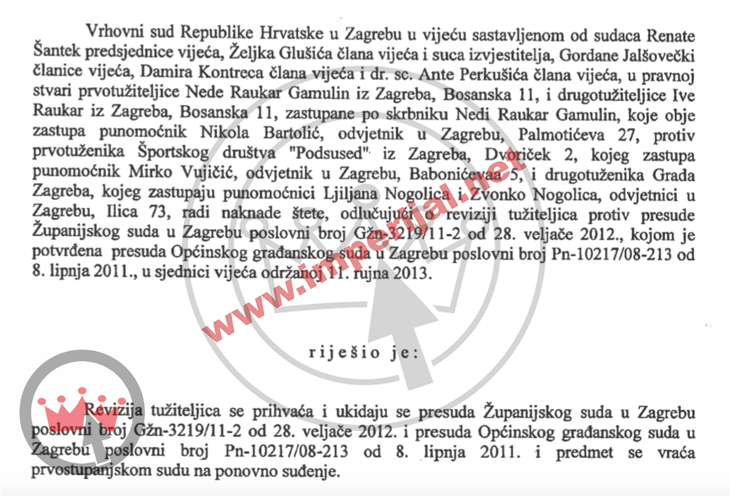 Vrhovnom sudu preko odvjetnika Nikole Bartolića žalila se Urša kao Neda Raukar Gamulin te je 2013. poništena presuda donešena 2011. kojom je Raukar izgubila spor za bakinu parcelu 