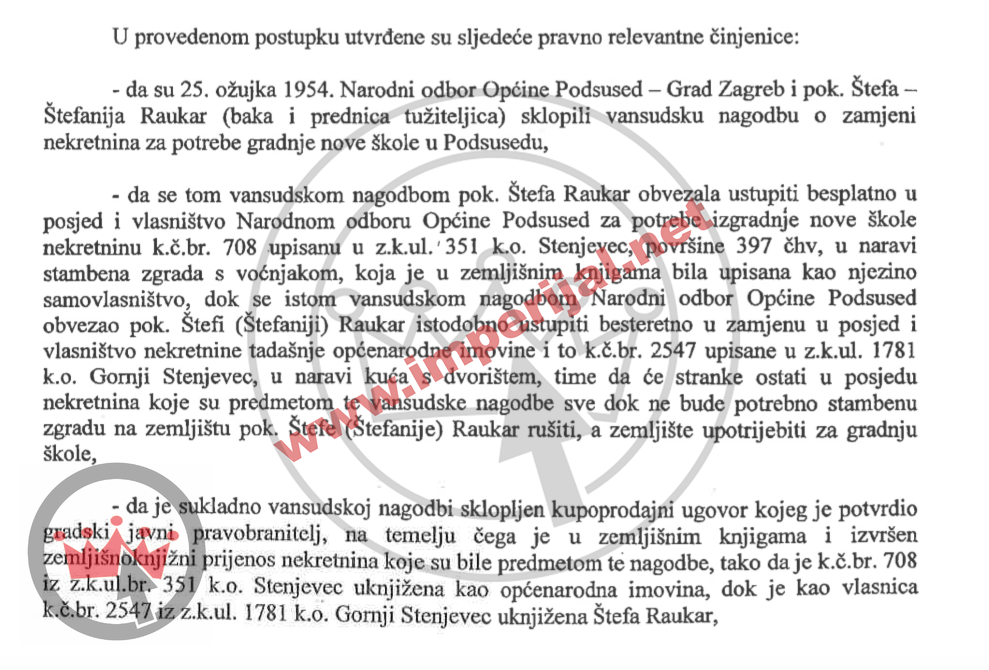Nagodba je postignuta zbog spora koji je nastao za parcelu koju je Štefa Raukar Uršina Baka darovala Zagrebu u zamjenu za drugu parcelu
