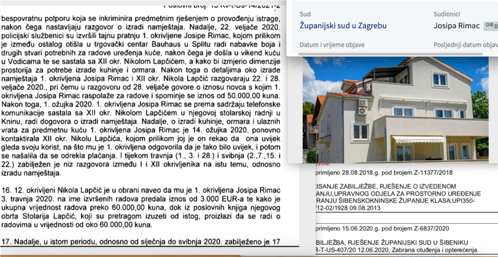 Dio sudskog dokumenta (lijevo); desno je ime Josipe Rimac na sudskoj ploči, slika kuće te upis zabilježbe na vili u Vodicama koja nema ni valjane dozvole