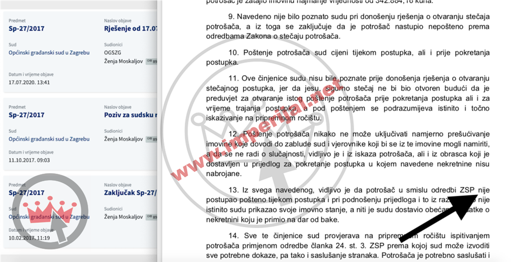 Sudska ploča svjedoči kako je zet bivšeg predsjednika HSS-a i bivšeg predsjednika Sabora imao osobni stečaj a dokument desno kako nije bio popten tijekom tog postupka