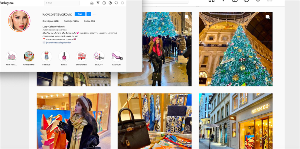 Instagram profil Lucije, sada službeno Lucy-Colette Vojković je kao vodič za svjetske bogatašice, gdje putovati, što kupovati, gdje odsjesti, gdje piti kavu ili čaj