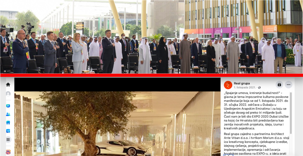 Hrvatska delegacija predvođena premijerom na Expo 2020 u Dubaiju, tu je i ministrica u prvom redu s rukom na srcu; dole je screen FB profila Real grupe gdje su se pohvalili dodijeljenim poslom i štandom 