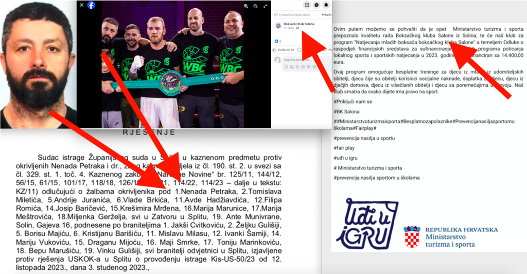 Dok je osnivač Boksačkog kluba Salona Nenad Petrak bio lice s tjeralice Ministarstvo turizma i sporta doniralo je 14.400 eura klubu koji je osnovao s Tomislavom Bašićem iz Klisa, na FB profilu tog kluba vidi se i njegova slika