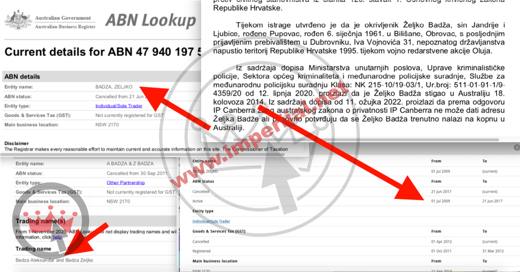 U službenom registru kompanija u Australiji iskopali smo podatak da je optuženi Željko Badža tamo poslovao prkeo 2 firme i to od 2009. a službene su vlasti iz Canberre Hrvatskoj poslale da živi u Australiji od 2014.