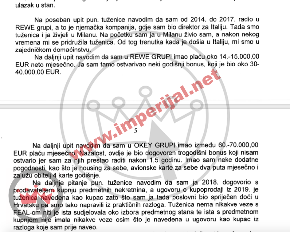 Borojević je iskazivao i o svojim golemim plaćama i bonusima koje je imao u REWE grupi i ruskoj OKEY grupi a spominjao je i kupnju stanu od FEAL-a te kako je radio u Milanu