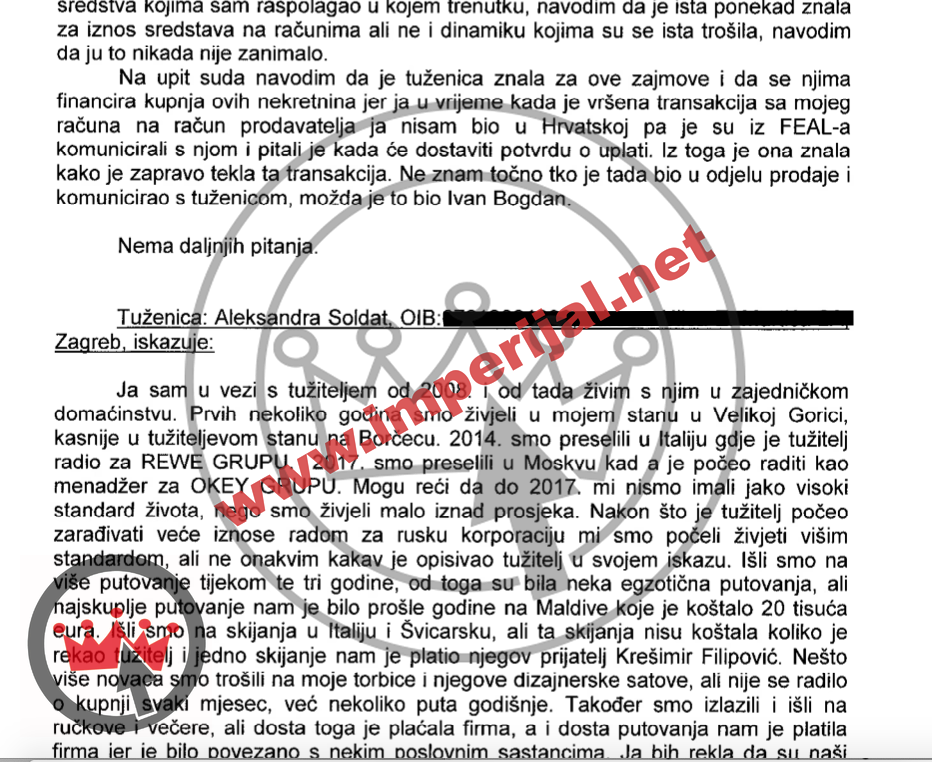 Bivša supruga Miodraga Borojevića na početku svog iskaza rekla je kako su išli na Maldive za 20.000 eura ali i da je s njim živjela i u Italiji i na drugim lokacijama