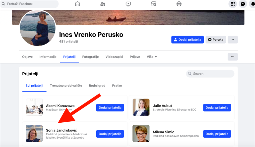 Među 481 prijatelja koliko ih Ines Vrenko Peruško ima na Facebooku Sonja Jandroković, supruga predsjednika Sabora RH, vrlo je visoko pozicionirana